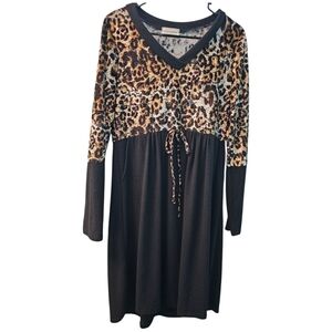 Raw Edge Leopard Print & Black Knit Empire Waist Dress - Size Large - Made in US